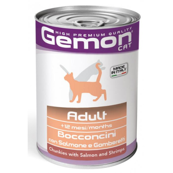 купить Мясные кусочки в желе для взрослых кошек Gemon Cat Wet с лососем и креветками 415 гр