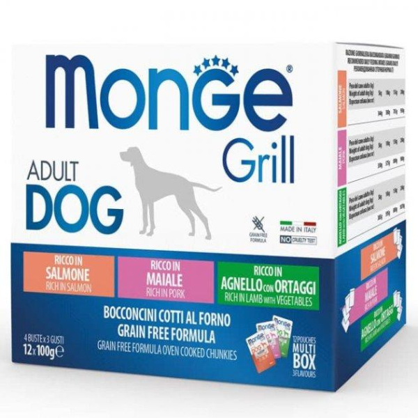 купить Набор консерв для собак Monge Dog GRILL MIX, микс 3 вкуса:лосось/ягненок/свинина 12 шт по 100 гр (паучи)