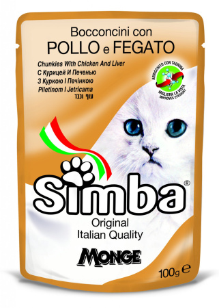 фото Мясные кусочки в соусе для кошек курица и ливер Monge Simba Cat Wet (пауч) 100 гр