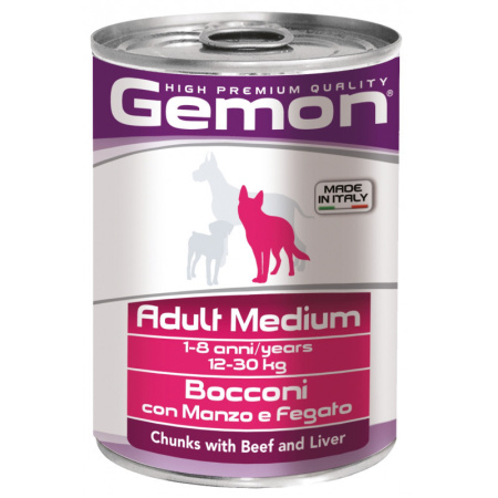 фото Влажный корм Gemon Dog Adult Medium кусочки с говядиной и печенью для собак средних пород 415 гр