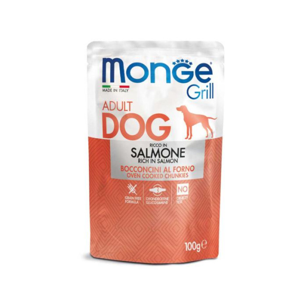 Вкусные кусочки в желе из запеченного лосося для собак Monge Dog GRILL Adult 100 гр