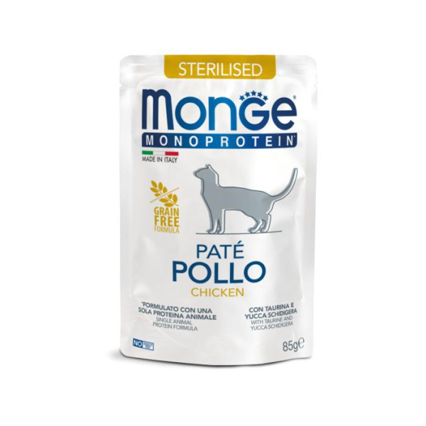 купить Мясной паштет для стерилизованных котов с курицей Monge Cat Monoprotein Sterilised 85 гр