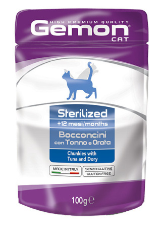 фото Мясные кусочки в желе Gemon Cat Sterelized Wet для стерилизованных кошек с тунцом и рыбкой Дори 100 гр