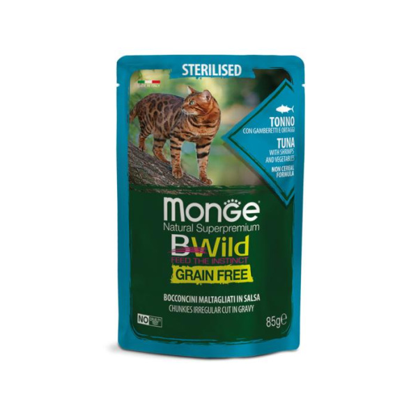 купить Беззерновая консерва Monge Bwild Sterilised из тунца с креветками и овощами для стерилизованных кошек 85 гр