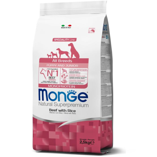 купить Сухой корм с говядиной для щенков всех пород Monge Dog All breeds Puppy & Junior 2,5 кг