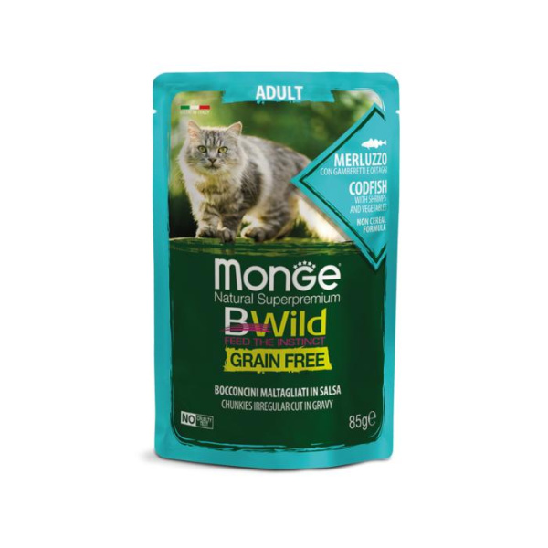 купить Беззерновая консерва Monge Bwild Cat из трески с креветками и овощами для взрослых кошек 85 гр