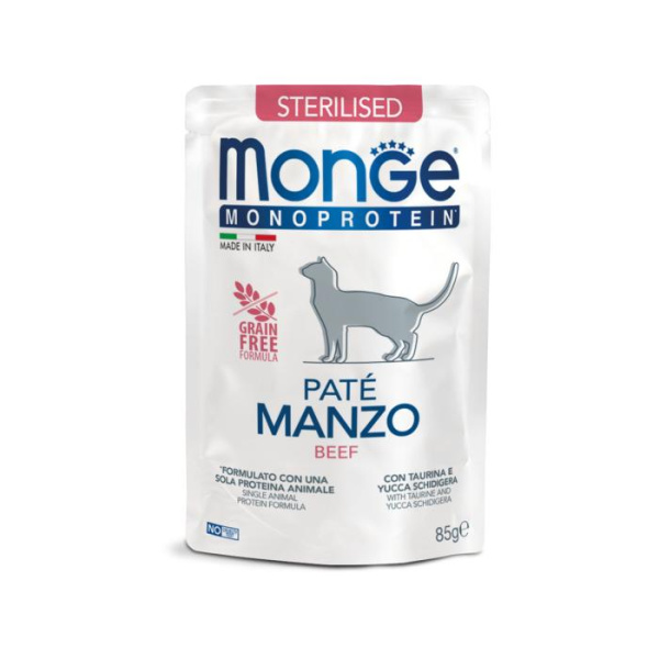купить Мясной паштет для стерилизованных котов с говядиной Monge Cat Monoprotein Sterilised 85 гр