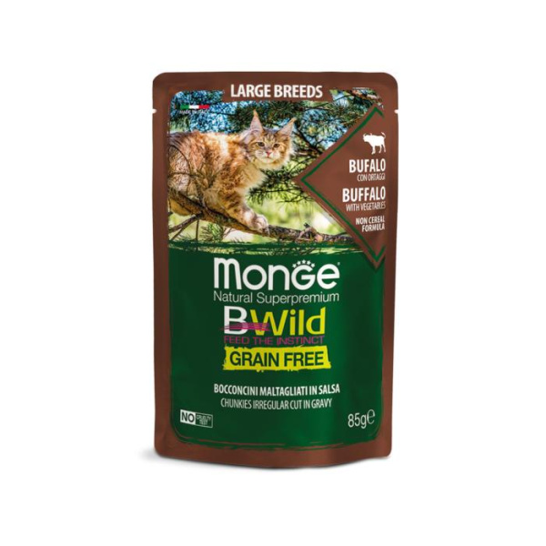 купить Беззерновая консерва Monge Bwild Cat с мясом буйвола и овощами для кошек крупных пород от 2-х месяцев 85 гр