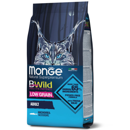 фото Низкозерновой сухой корм Monge Bwild Cat Low Grain для взрослых кошек с анчоусами 1,5 кг