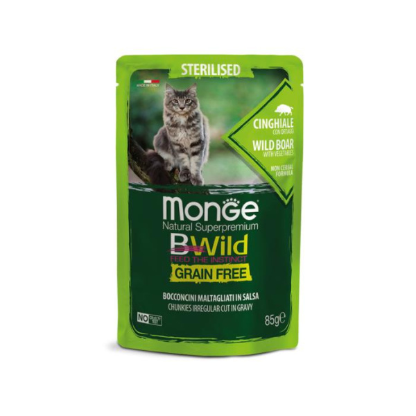 купить Беззерновая консерва Monge Bwild Sterilised из мяса кабана с овощами для стерилизованных кошек 85 гр