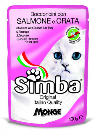 фото Мясные кусочки в соусе для кошек лосось и рыбкой дори Monge Simba Cat Wet (пауч) 100 гр