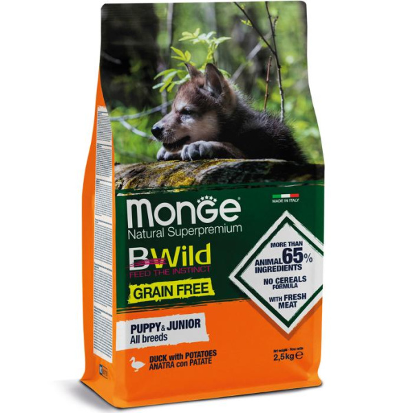 купить Беззерновой сухой корм Monge Bwild Puppy & Junior Duck для щенков  всех пород с мясом утки 2,5 кг