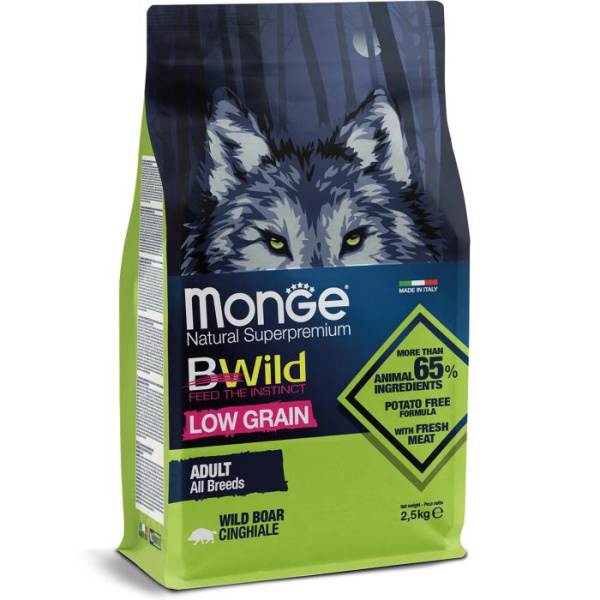 купить Низкозерновой сухой корм собак всех пород на основе дикого кабана Monge Bwild Adult Wild Boar 2,5 кг