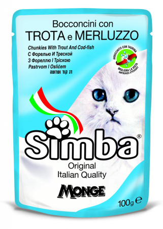 фото Мясные кусочки в соусе для кошек форель и треска Monge Simba Cat Wet (пауч) 100 гр