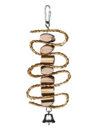 фото Игрушка Trixie деревянная с соломенной лентой и колокольчиком для попугаев 21 см.