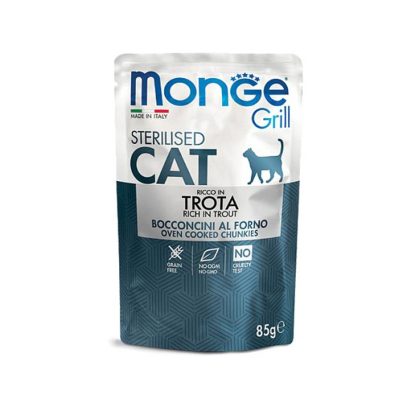 купить Мясные кусочки в желе с форелью для стерилизованных кошек Monge CAT GRILL Sterilised 85 гр