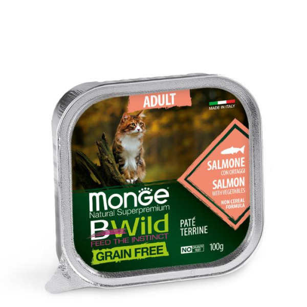 купить Беззерновой паштет Monge Bwild Wet Cat Adult с лососем и овощами для взрослых кошек 100 гр