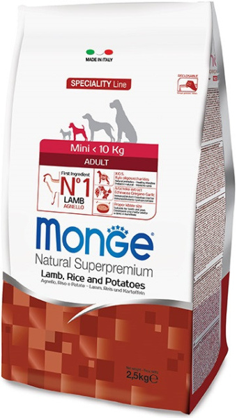 купить Сухой корм с ягненком Monge Dog Mini Adult, рисом и картофелем для собак малых пород 2,5кг