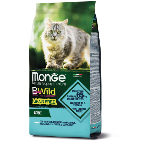 фото Беззерновой сухой корм для взрослых кошек с треской Monge Bwild Cat  1,5 кг
