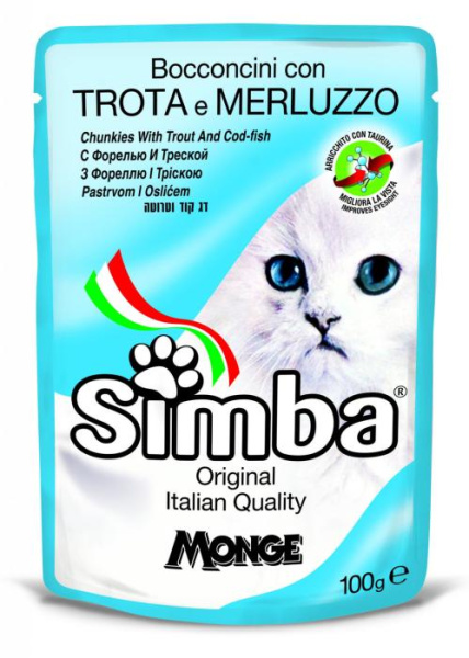 Мясные кусочки в соусе для кошек форель и треска Monge Simba Cat Wet (пауч) 100 гр