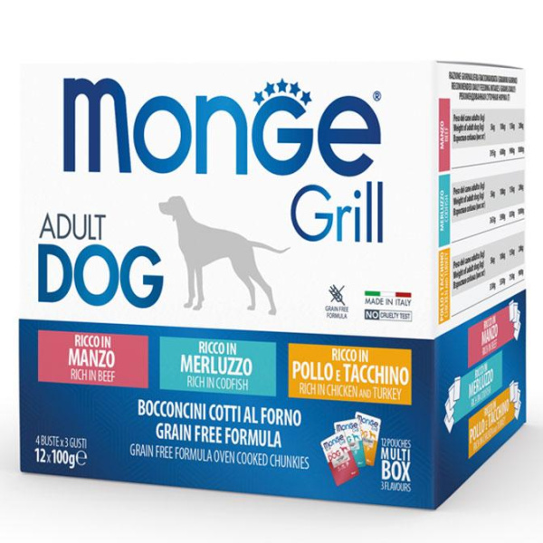 купить Набор консерв для собак Monge Dog GRILL MIX, микс 3 вкуса:треска\индейка с курицей\говядина 12 шт по 100 гр