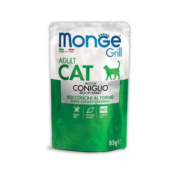 купить Мясные кусочки в желе с кроликом для взрослых кошек Monge CAT GRILL Adult 85 гр