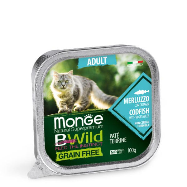купить Беззерновой паштет Monge Bwild Wet Cat Adult с треской и овощами для взрослых кошек 100 гр