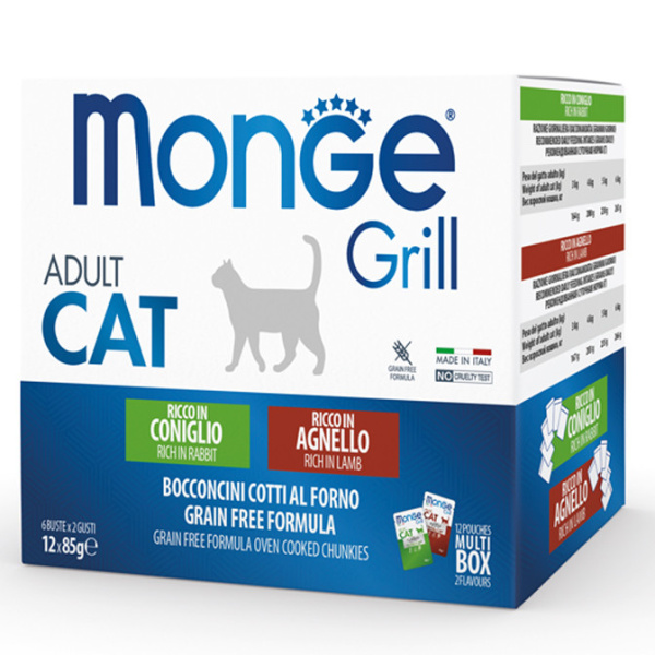 купить Набор консерв для кошек Monge Cat GRILL MIX, микс 2 вкуса: кролик\ягненок 12 шт по 100 гр (паучи)