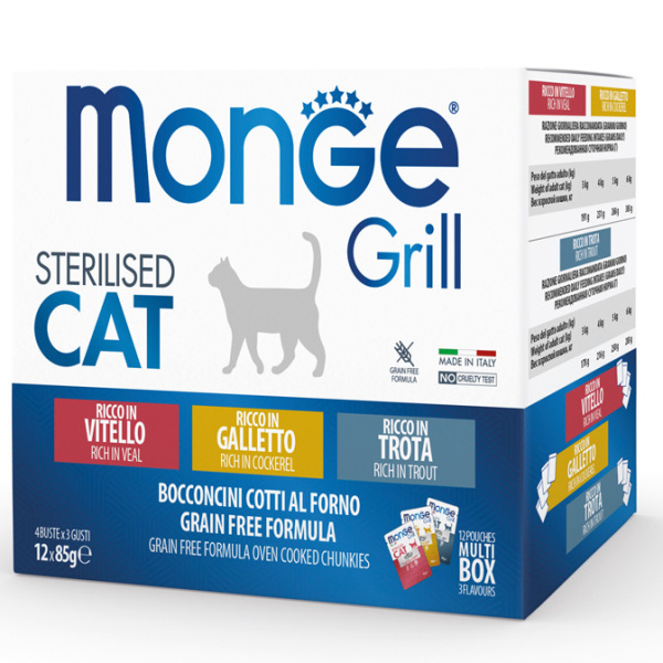 купить Набор консерв для кошек Monge Cat GRILL MIX STERILISED, микс 3 вкуса: телятина/петушок/форель 12 шт по 100 гр