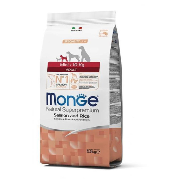 купить Сухой корм с лососем и рисом для взрослых собак мелких пород Monge Dog Mini Adult 2,5 кг