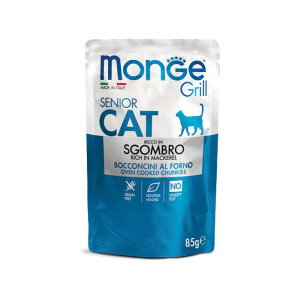 купить Мясные кусочки в желе со скумбрией для пожилых кошек Monge CAT GRILL Senior 85 гр