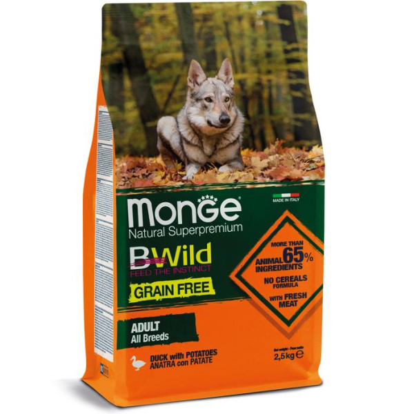 купить Беззерновой сухой корм для взрослых собак Monge Bwild Adult всех пород с мясом утки 2,5 кг