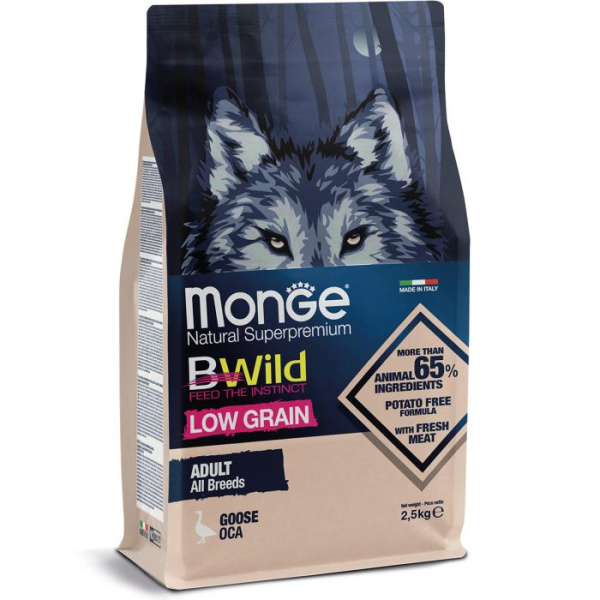 купить Низкозерновой сухой корм собак всех пород на основе мяса гуся Monge Bwild Adult Goose 2,5 кг